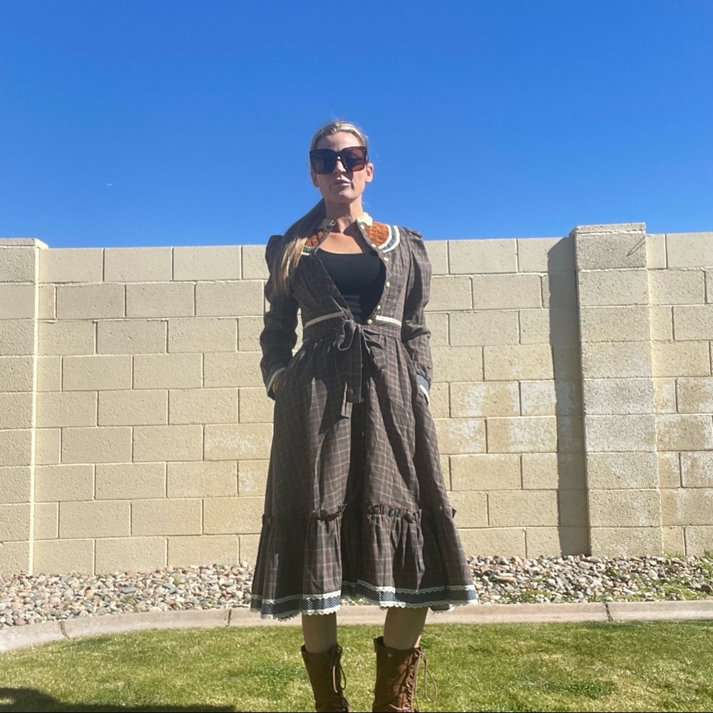 Gunne Sax by Jessica San Fran vintage plaid velvet trim RARE dress